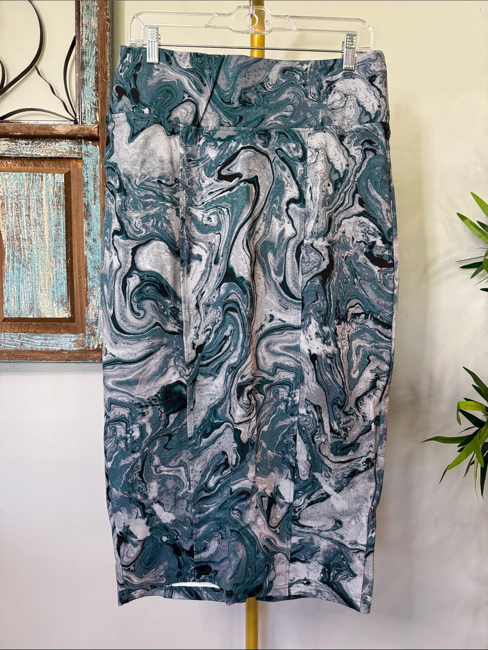Melissa McCarthy Teal & Gray Marble-Print Pencil Skirt NWOT L